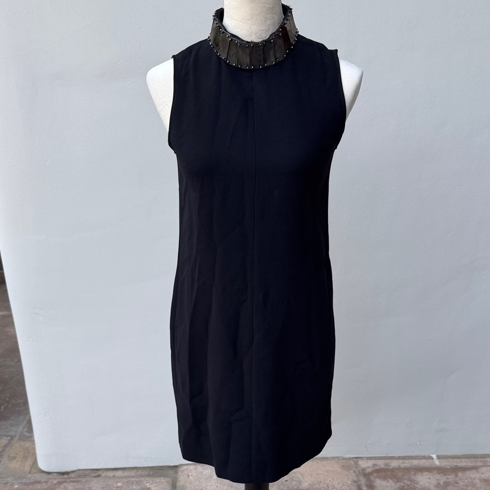 MAX MARA Black Sleeveless Mini Shift Dress with Metal Mock Collar, size 8 Medium